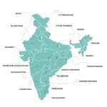 A map of India, showing its states, cities, and geographical features.