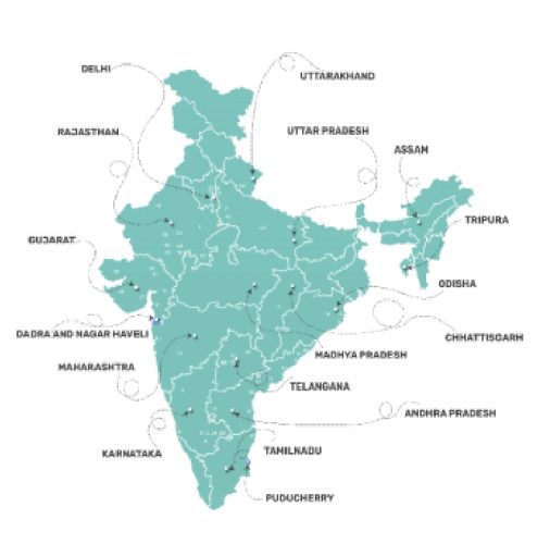 A map of India, showing its states, cities, and geographical features.